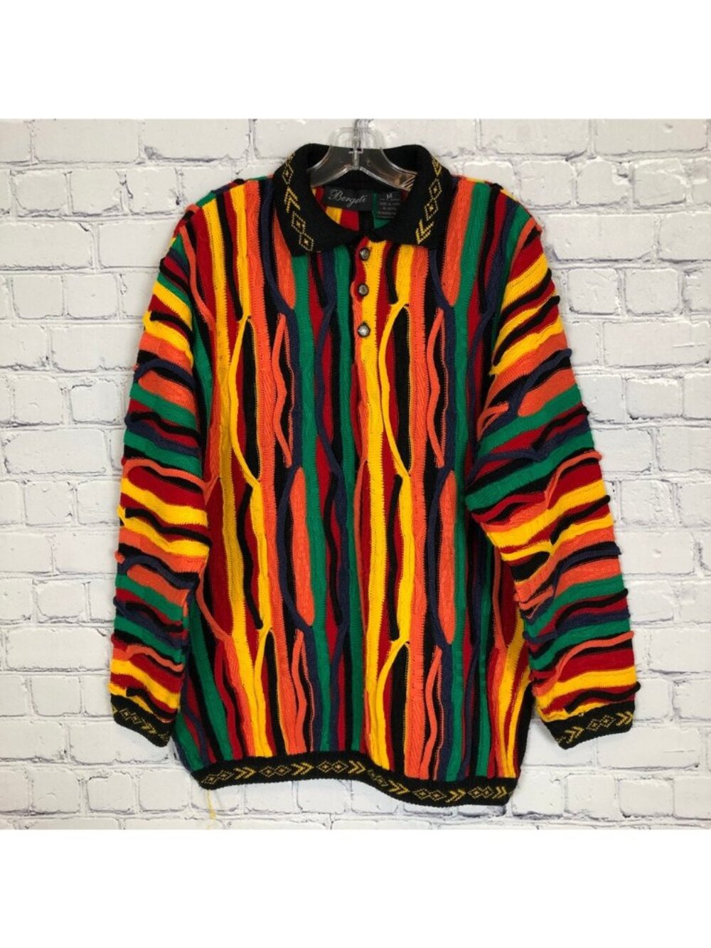 Vintage Bergati 3D Cable Knit Sweater Size M Coogi Style Vibrant Colorful